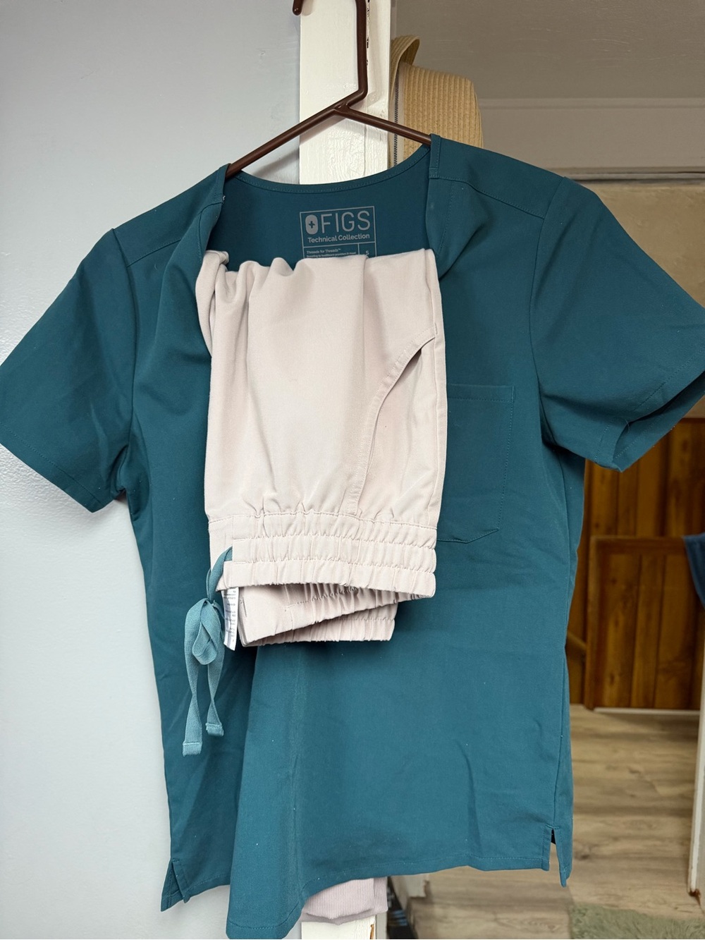 FIGS Teal Scrub Top with Cream Jogger Pants
